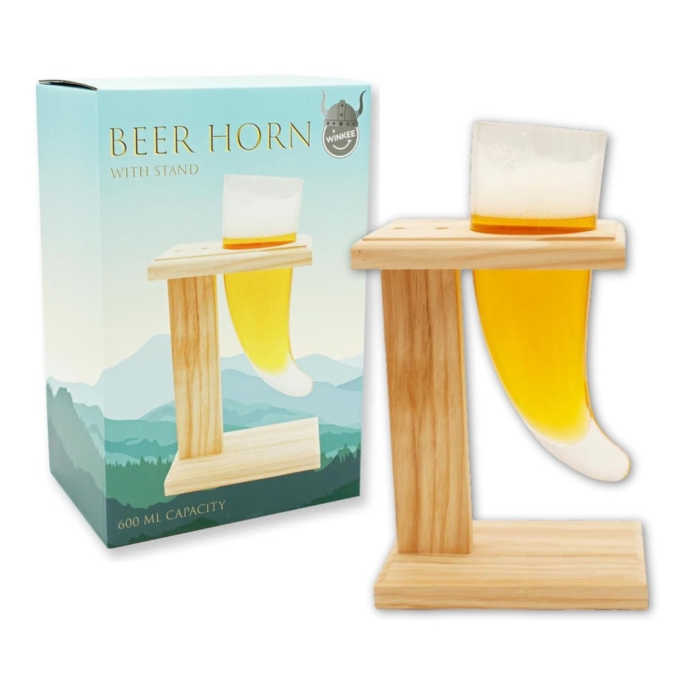 Winkee Beer Horn Clear‎ Glass With Rustic Wood Stand 600ml Viking Drinking Horn